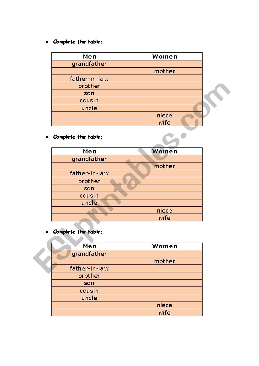 family members worksheet