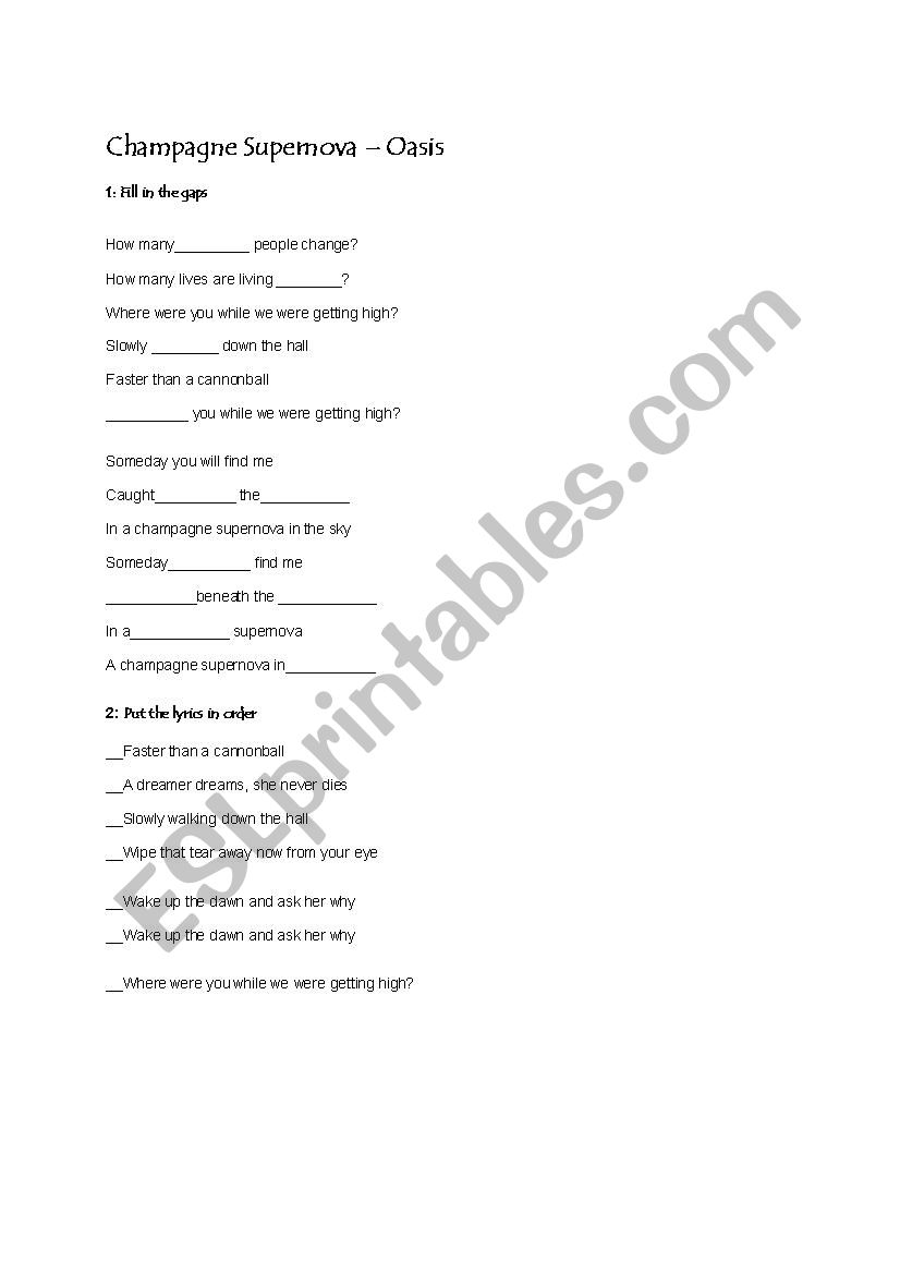 Champagne Supernova Oasis worksheet