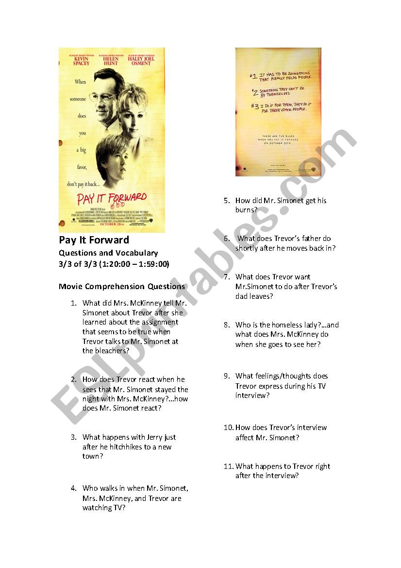 Pay It Forward (movie comprehension questions and vocabulary 3 of 3)
