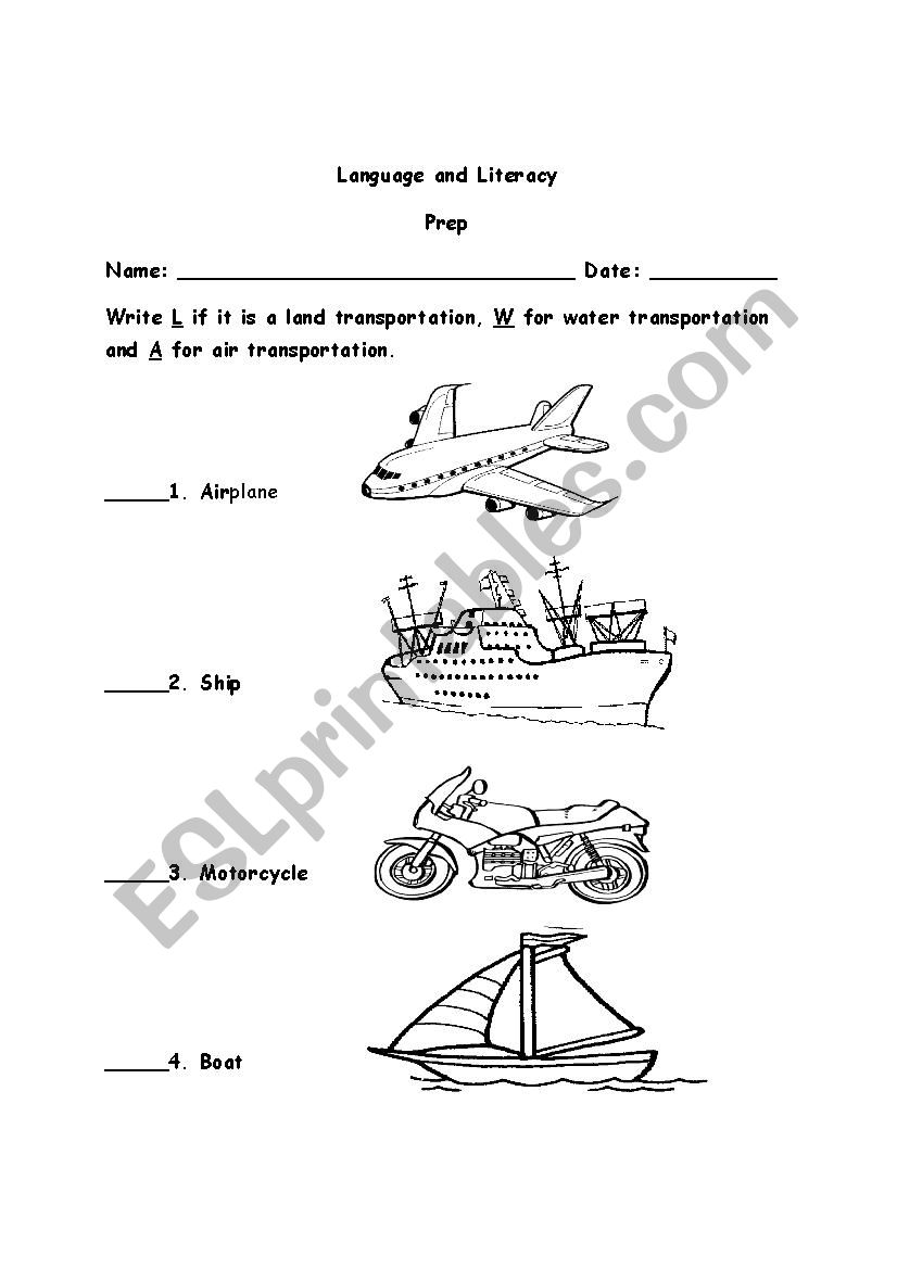 Mode of Transport worksheet