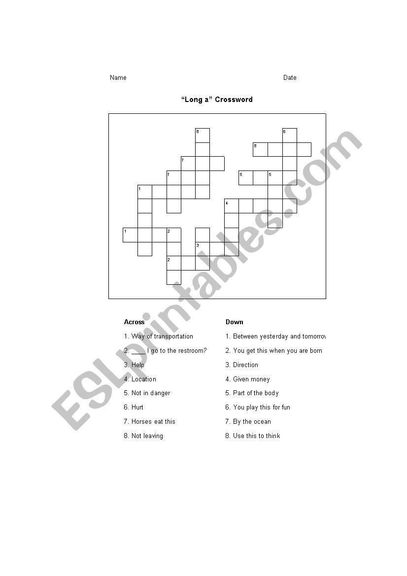 Long A Crossword worksheet