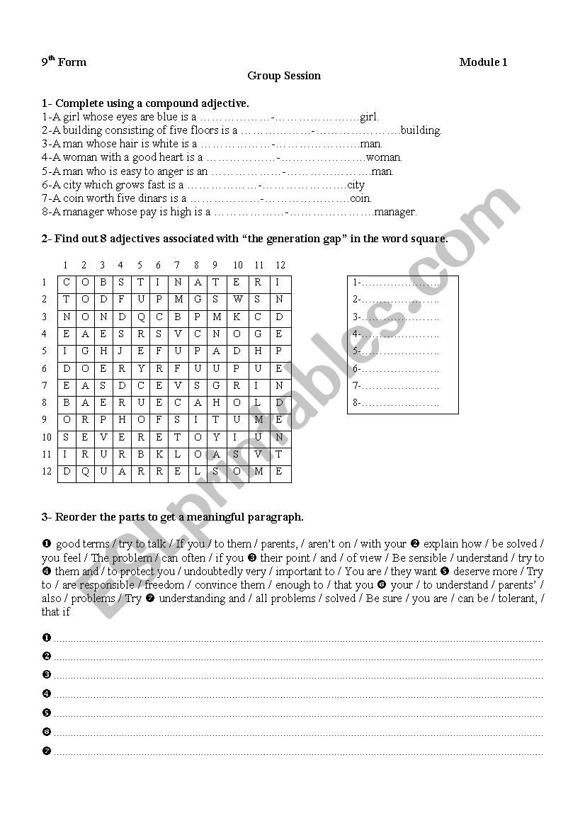 generation gap Group Session worksheet