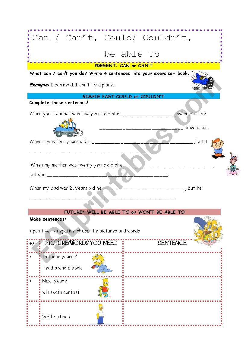 Can, Could, be able to  worksheet