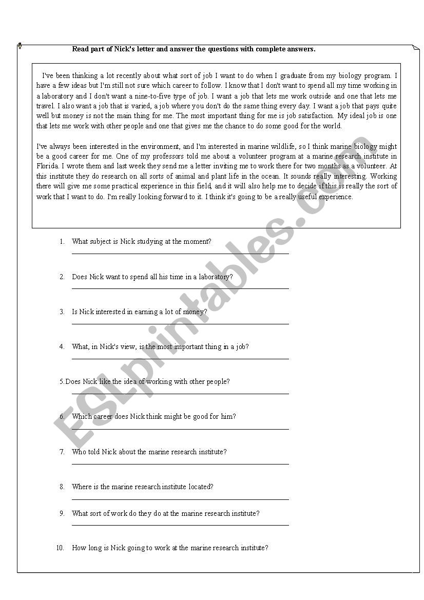 Reading activity: Jobs. worksheet