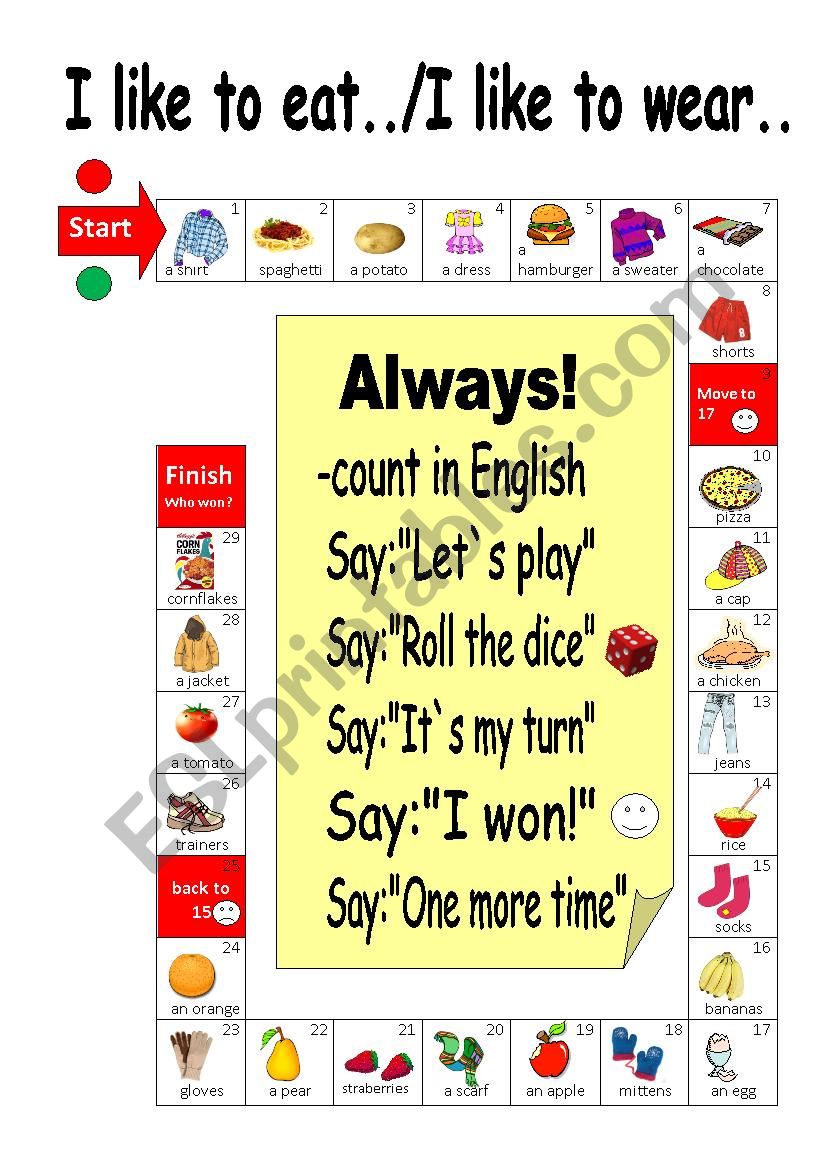 boardgame food clothes worksheet