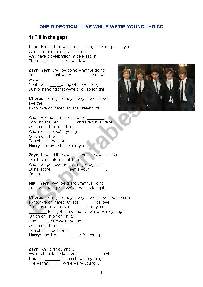Live While We Re Young Song One Direction Esl Worksheet By Valenciabea