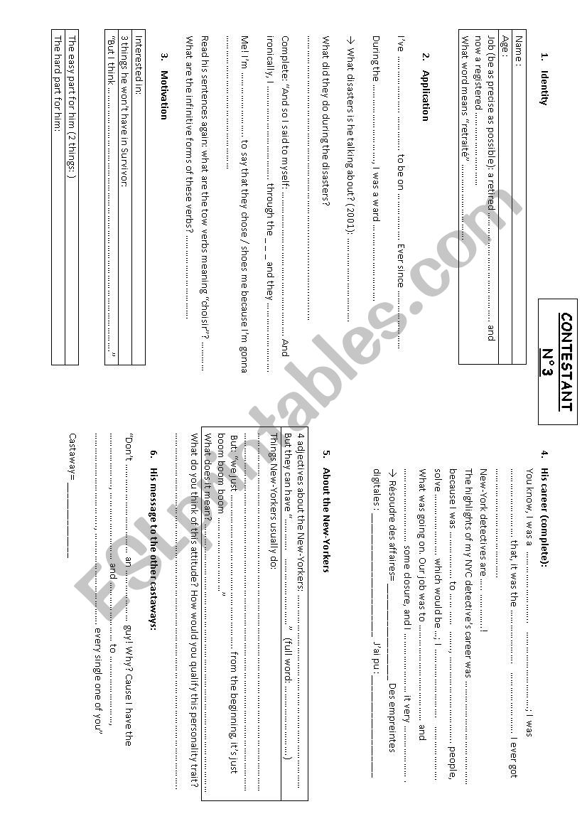 SURVIVOR CONTESTANT worksheet