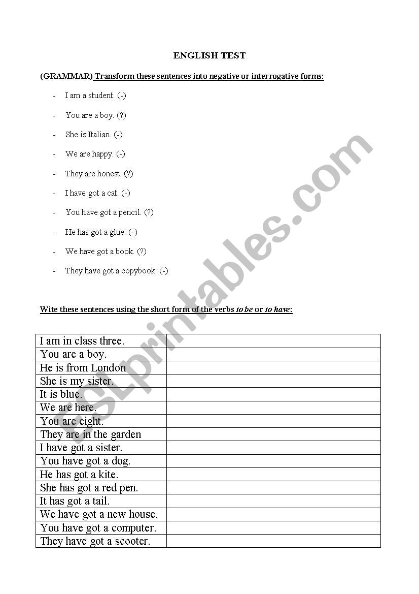 English test worksheet