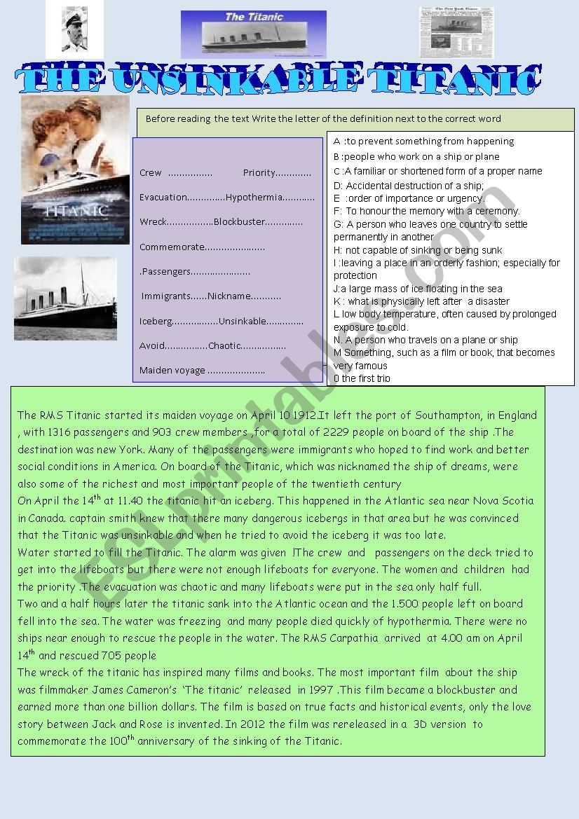 the unsinkable Titanic worksheet