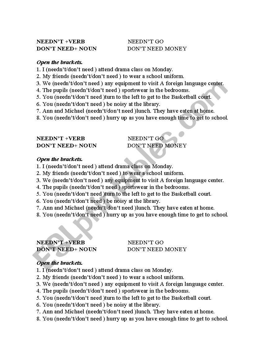 needÂ´t donÂ´t need  worksheet