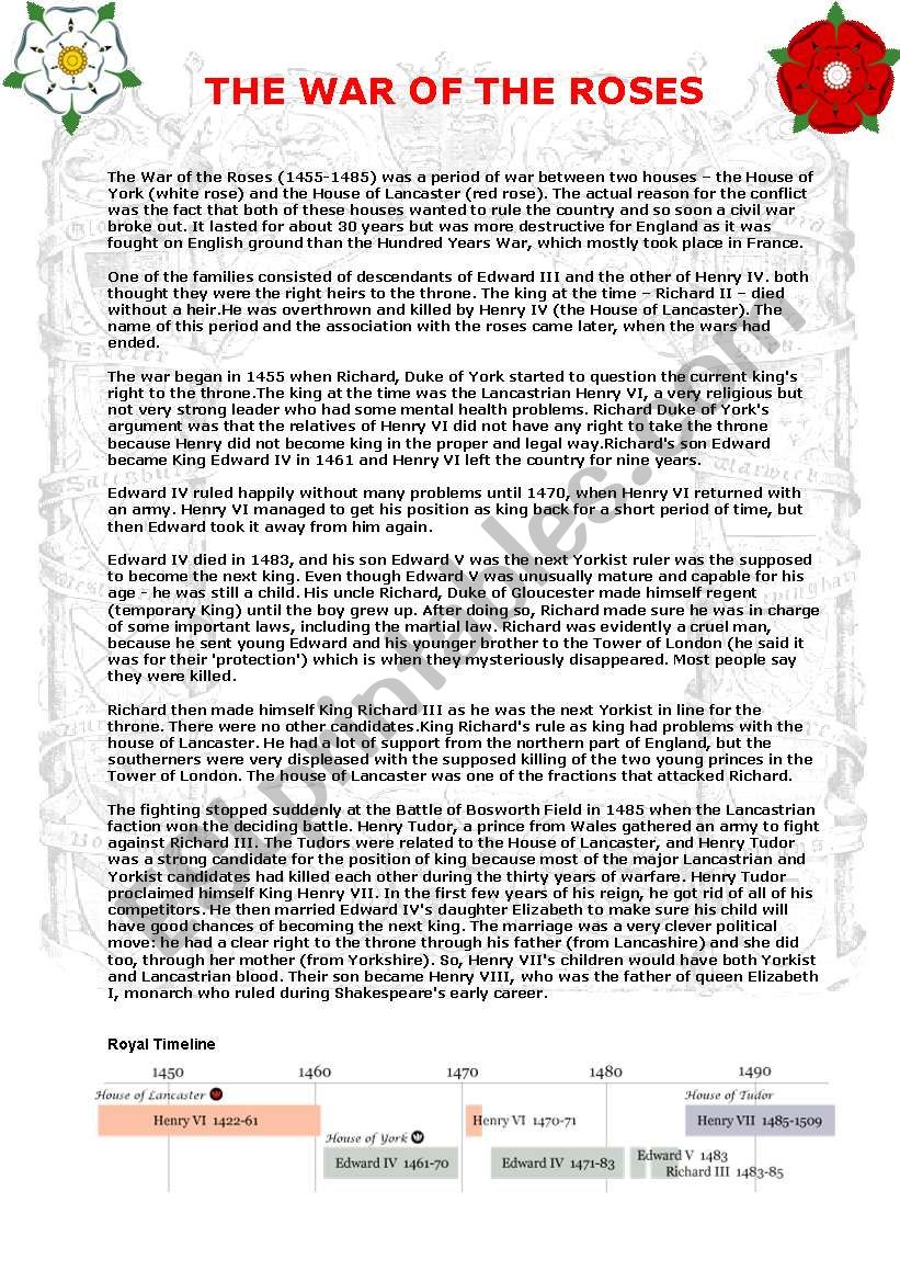 The War of the Roses worksheet