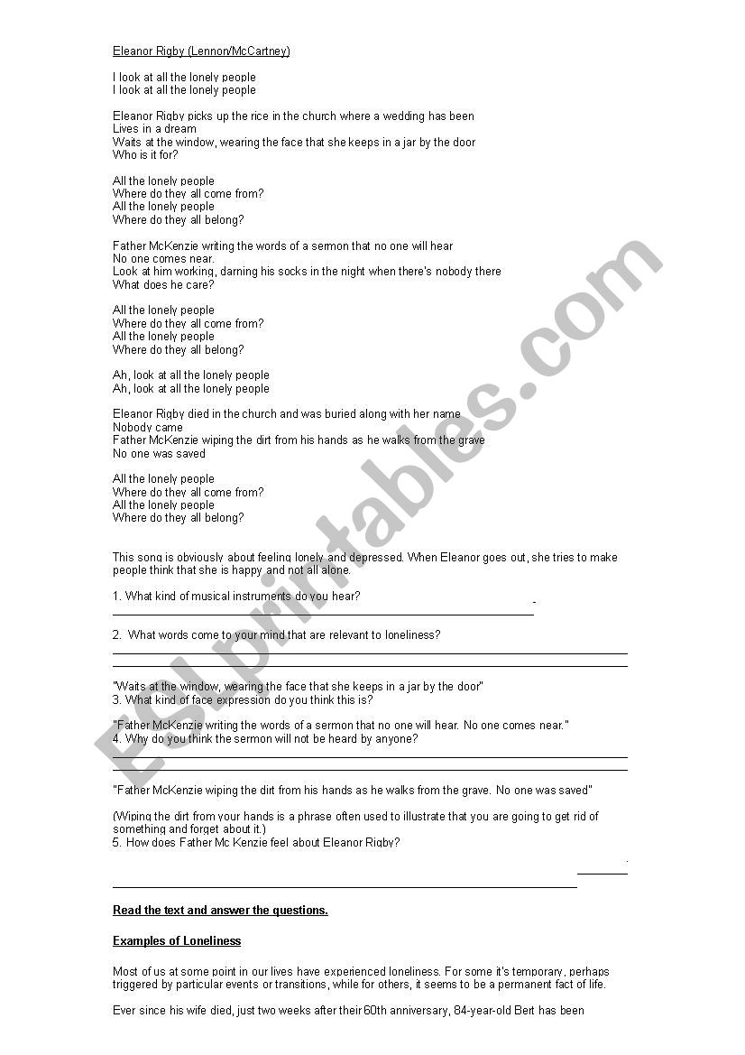 The Beatles Eleanor Rigby worksheet