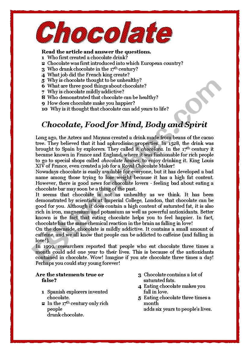 Chocolate worksheet