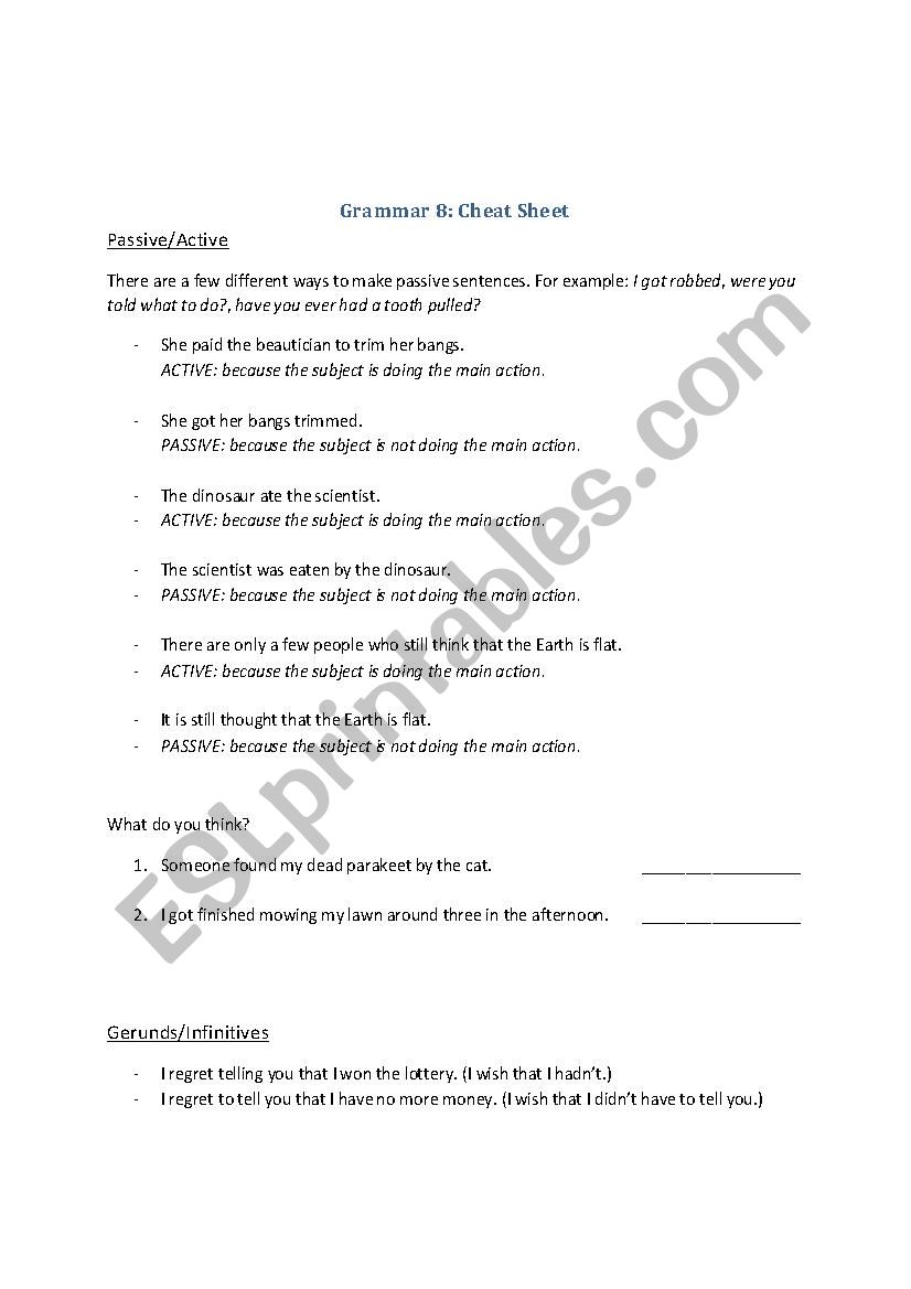Review Sheet for Passive/Active Voice, Gerunds/Infinitives, Adverbials, and Conditionals