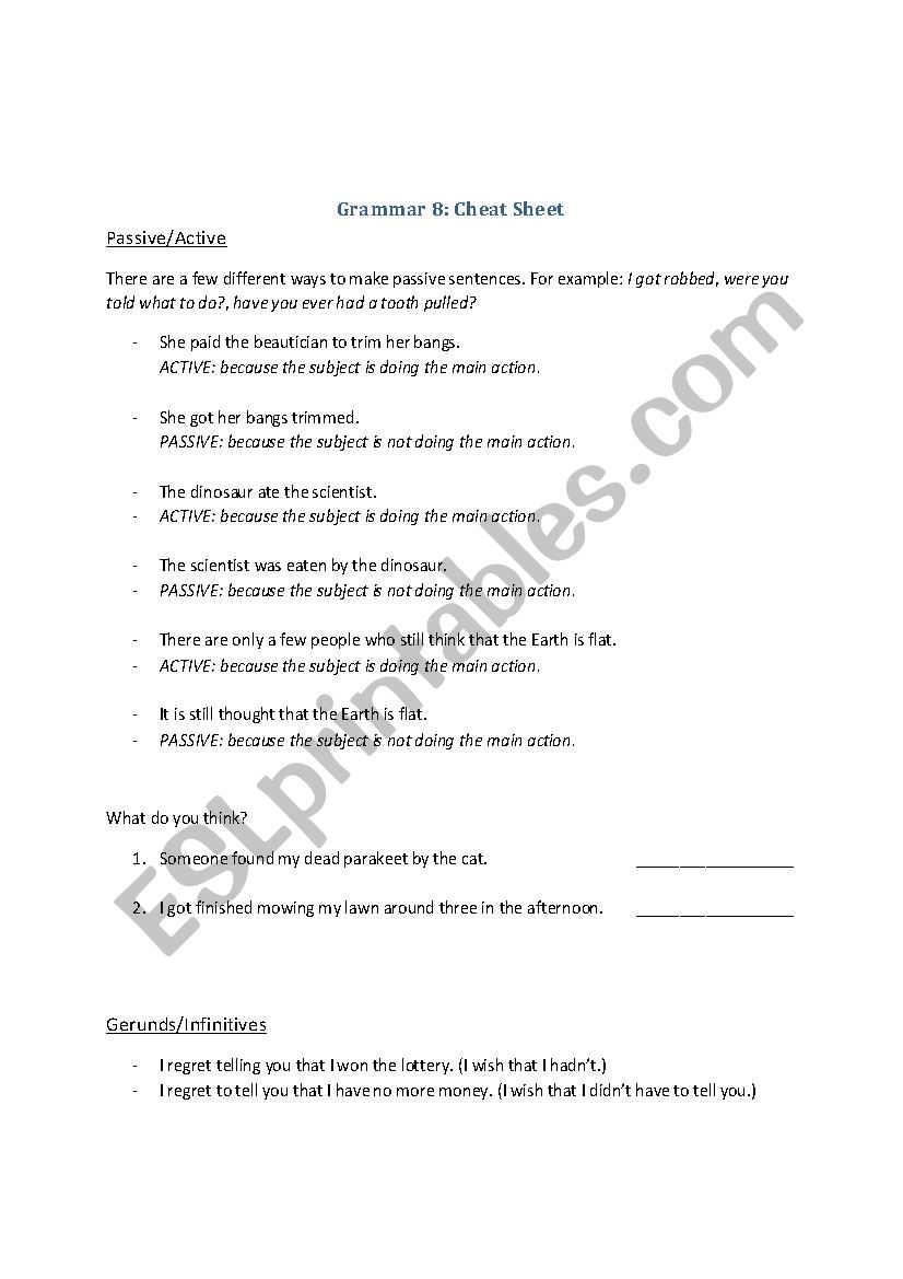Review Sheet for Passive/Active Voice, Gerunds/Infinitives, Adverbials, and Conditionals Review Sheet for Passive/Active Voice, Gerunds/Infinitives, Adverbials, and Conditionals