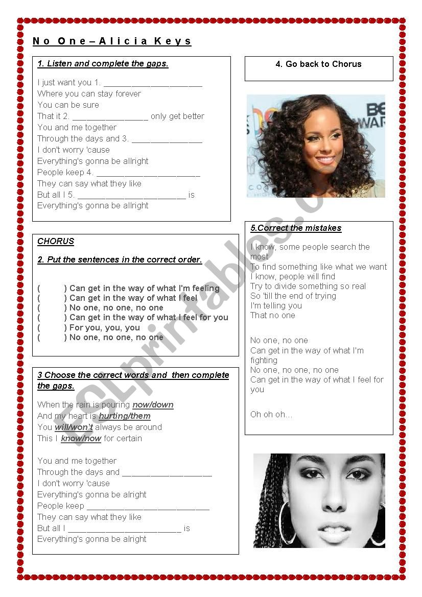 NO ONE - ALICIA KEYS  worksheet