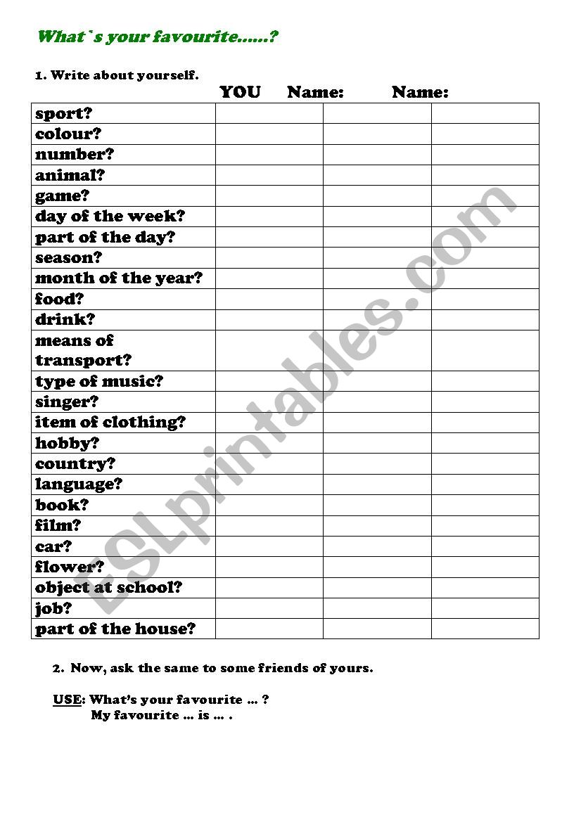 Favourites worksheet