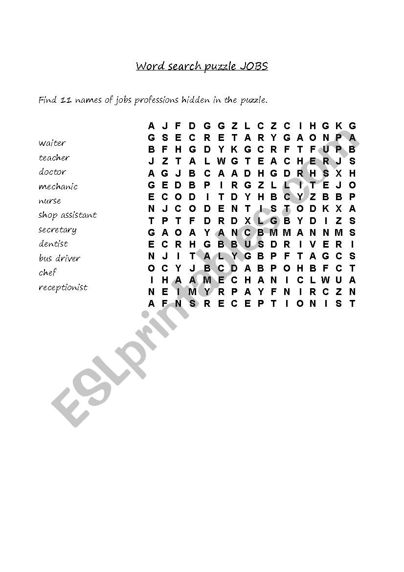 Word search puzzle - Jobs worksheet