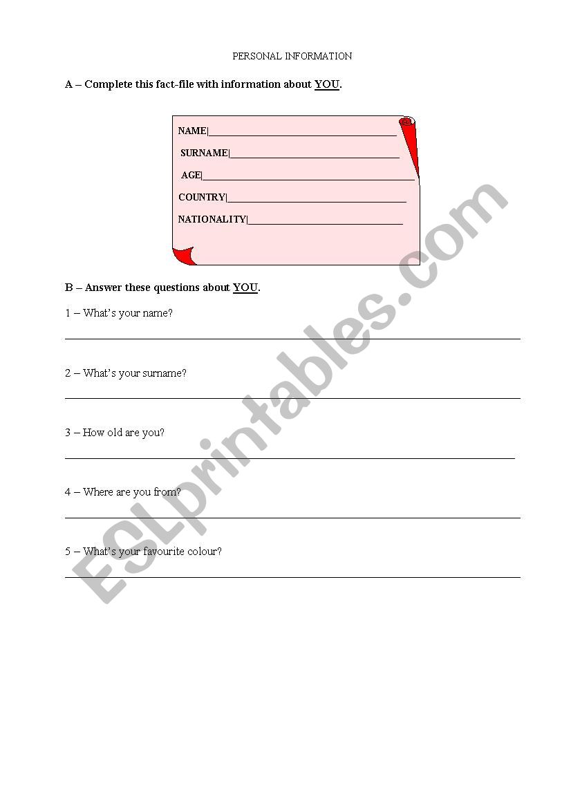 Personal Information worksheet