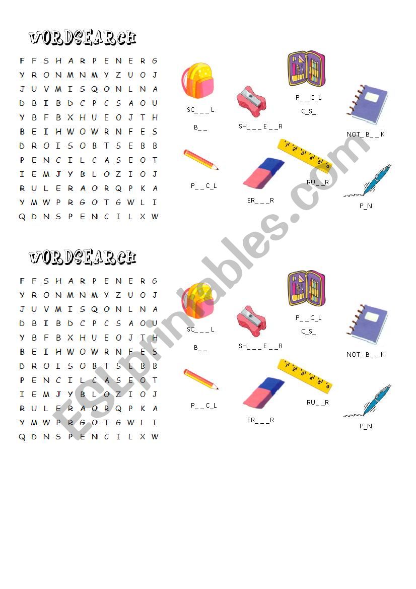 school objects worksheet