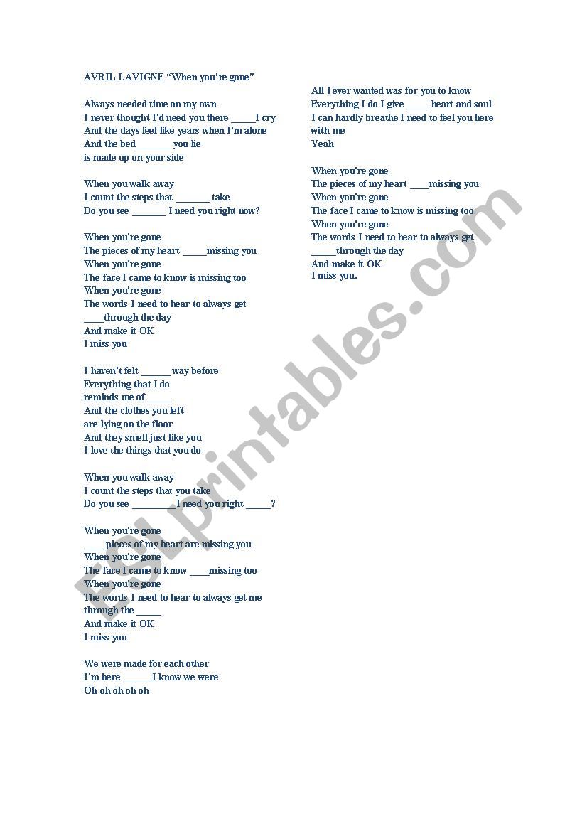 Avril Lavigne song worksheet