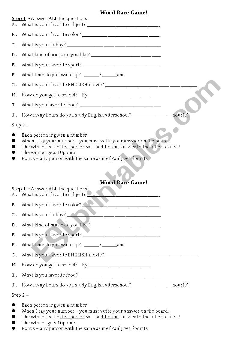 Word Race Game worksheet