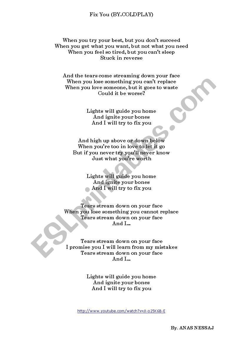 Fix you By COLD PLAY worksheet