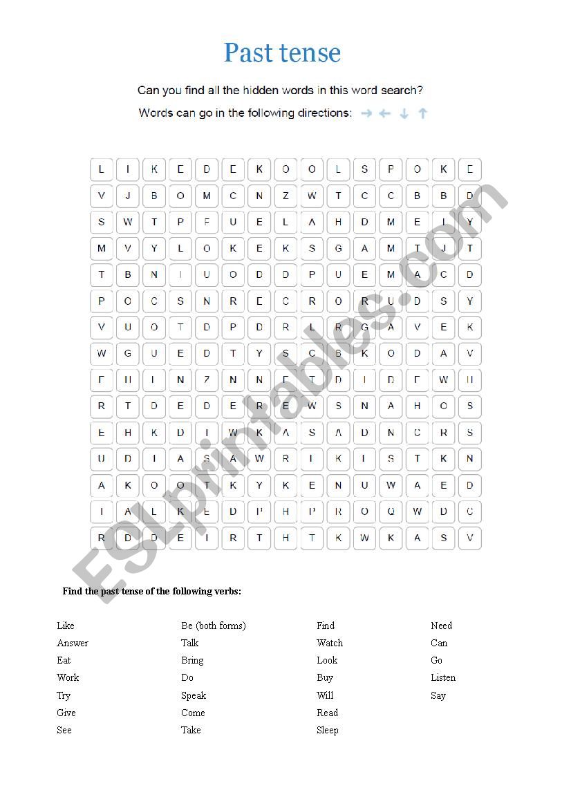 Past Tense Word Search worksheet