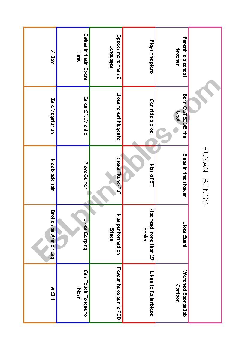 Human Bingo worksheet