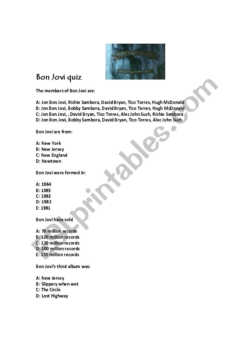 Bon Jovi quiz worksheet