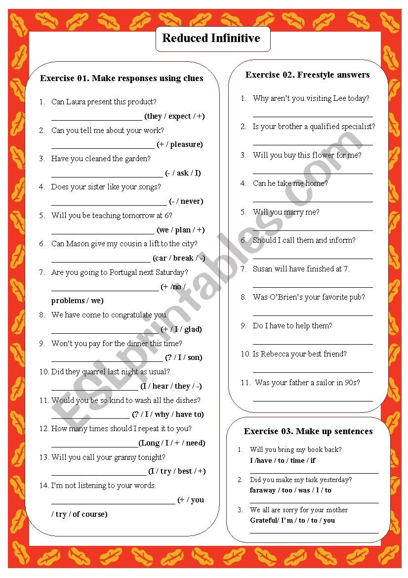 Reduced Infinitive (Practice) worksheet Reduced Infinitive (Practice) worksheet