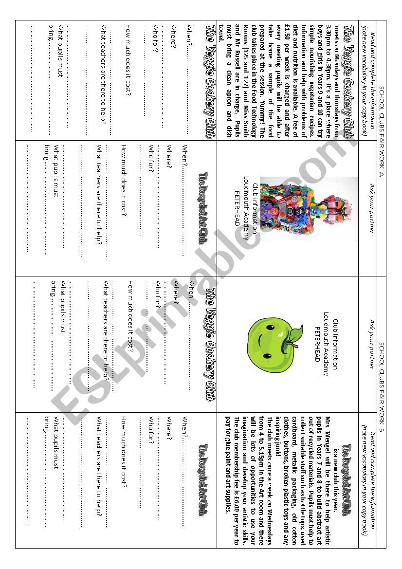 Clubs : pair work worksheet