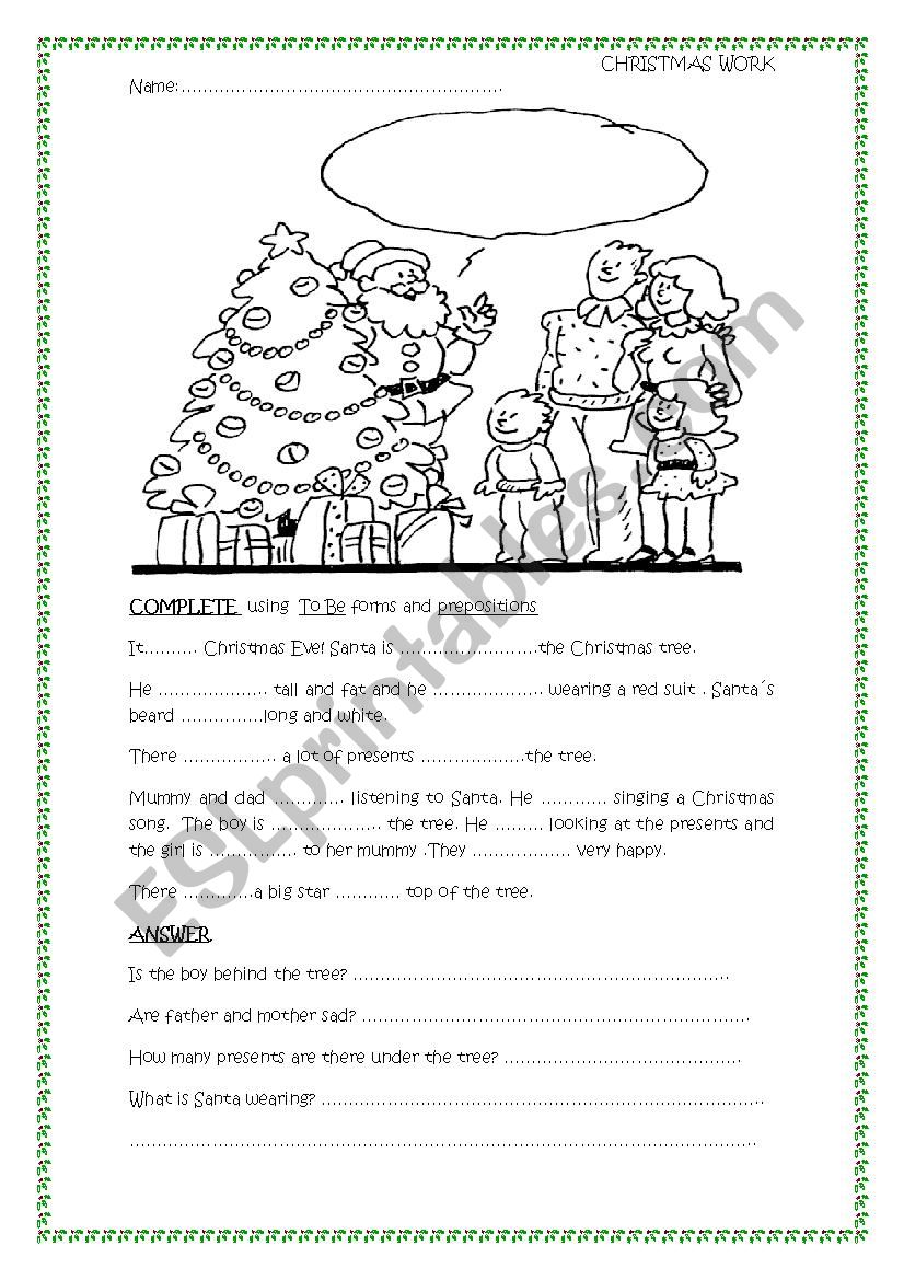  Christmas work  for Kids ( Be + place prepositions)