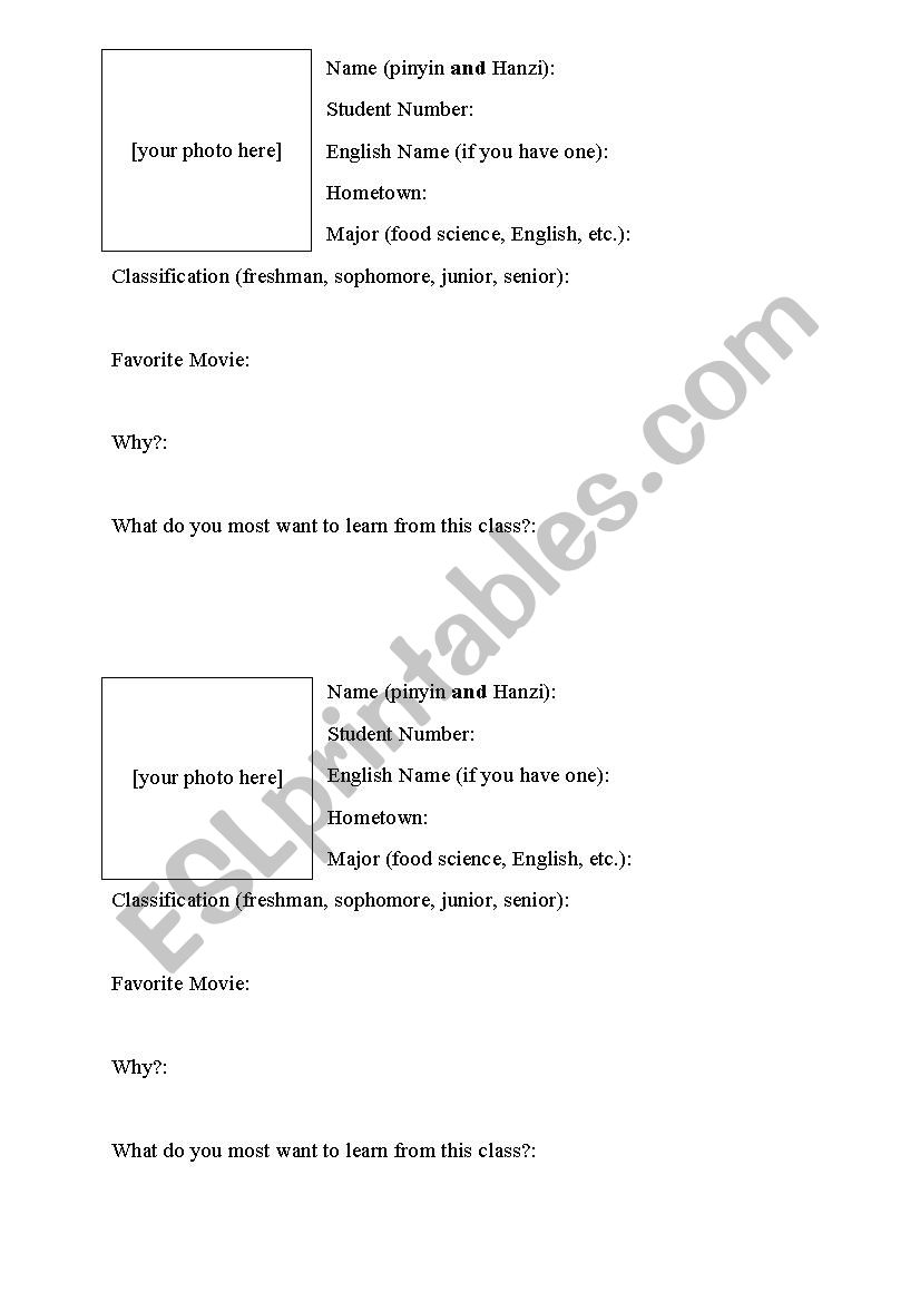 Film Class Biography Card worksheet