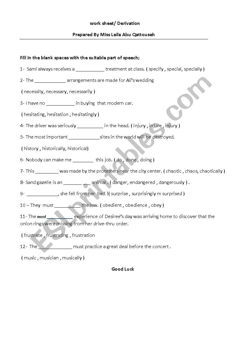 derivation worksheet