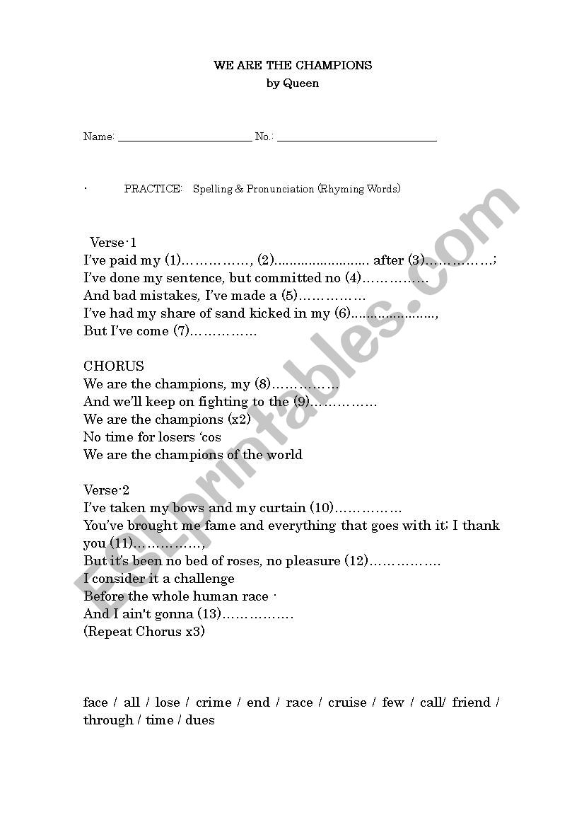 We Are the Champions by Queen worksheet
