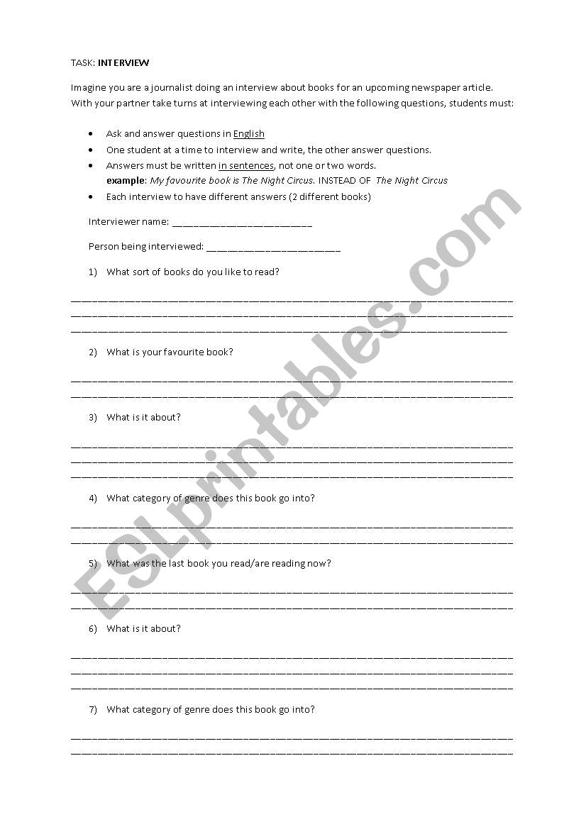 Book Genre Interview  worksheet