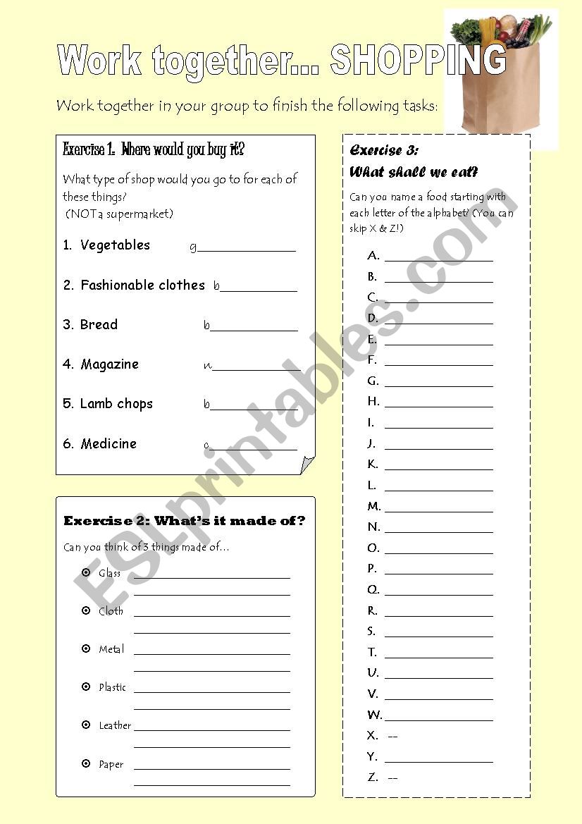 Working together - Shopping worksheet