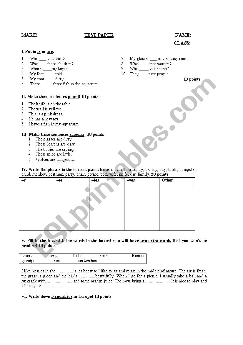 Test - The plural of nouns worksheet