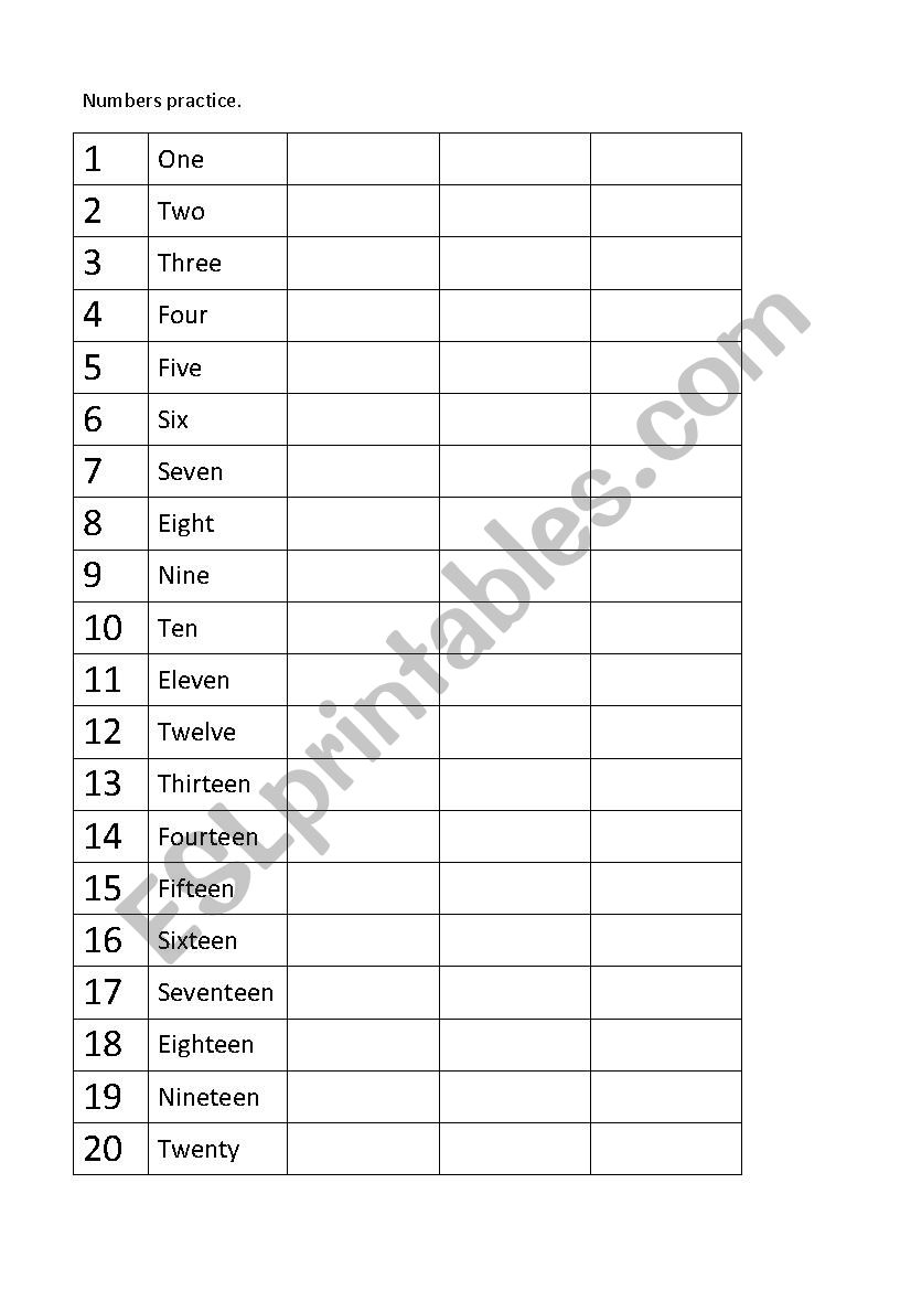 Numbers practice from 1 to 20 worksheet