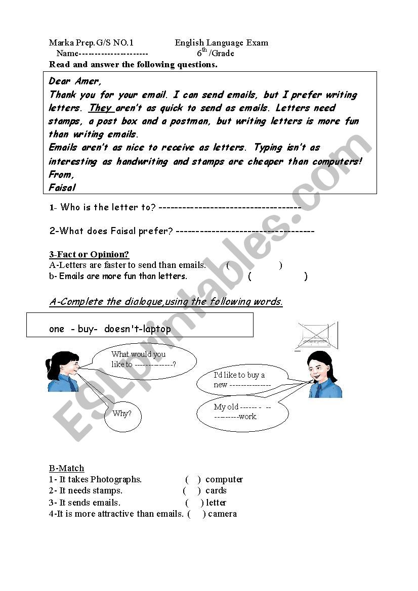 6th grade exam worksheet