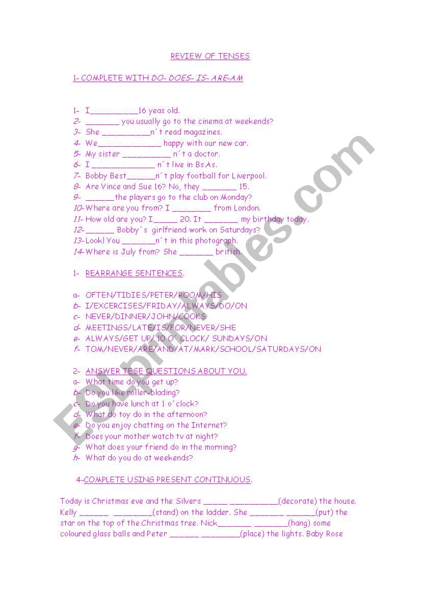 review of present tenses worksheet
