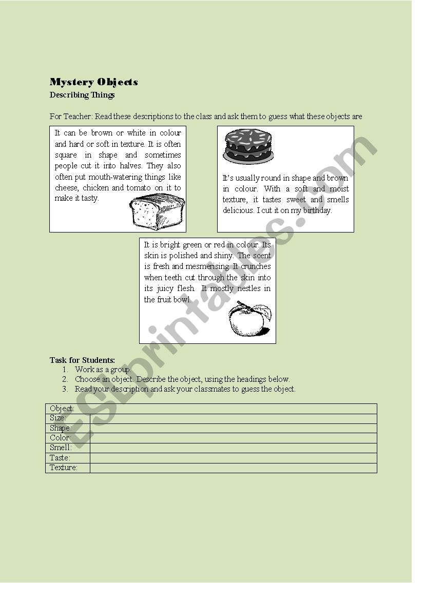 Describing Objects worksheet