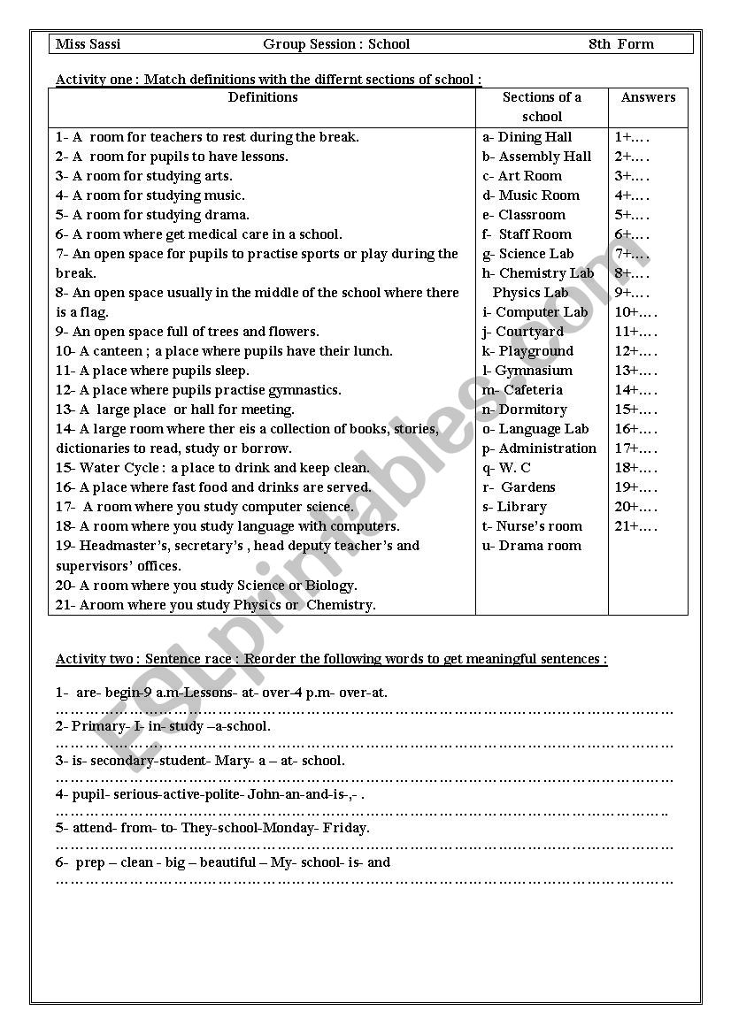 Group Session: School worksheet