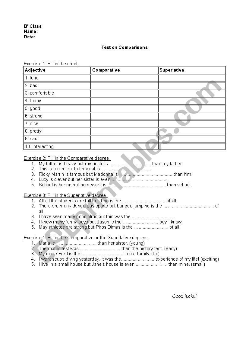 Test on Comparisons worksheet