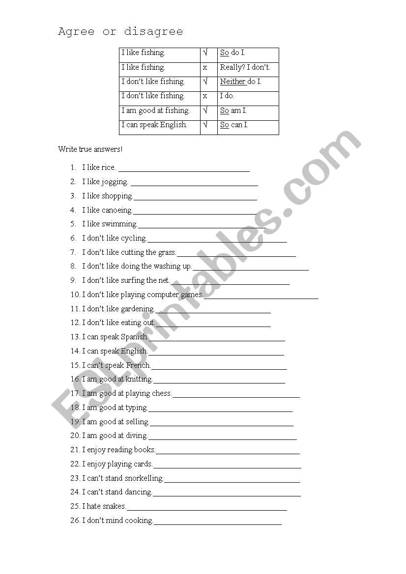 Agree or disagree worksheet