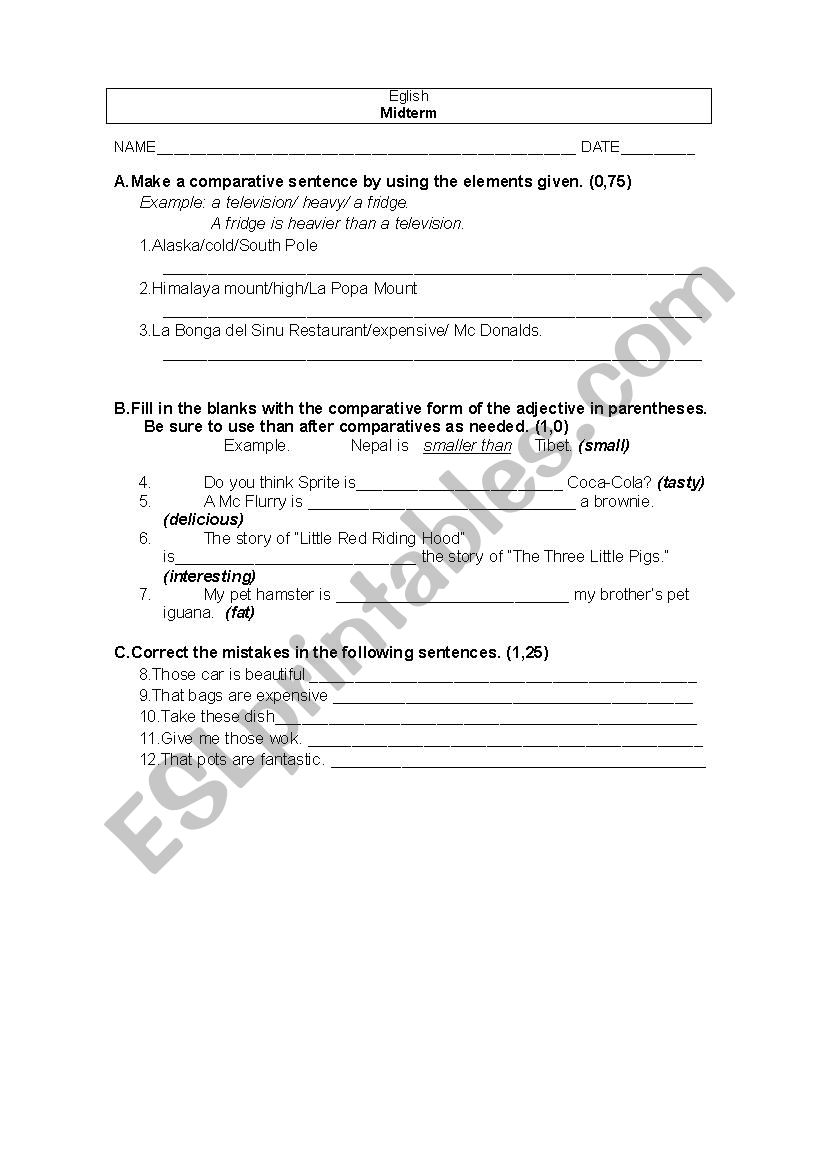 Worksheet on Comparisons worksheet