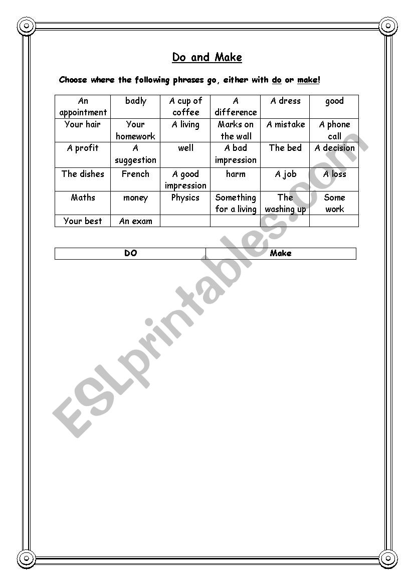 Do and make worksheet