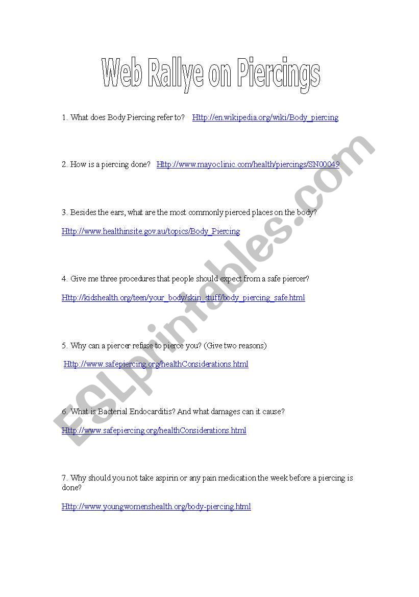 web rally on piercings worksheet