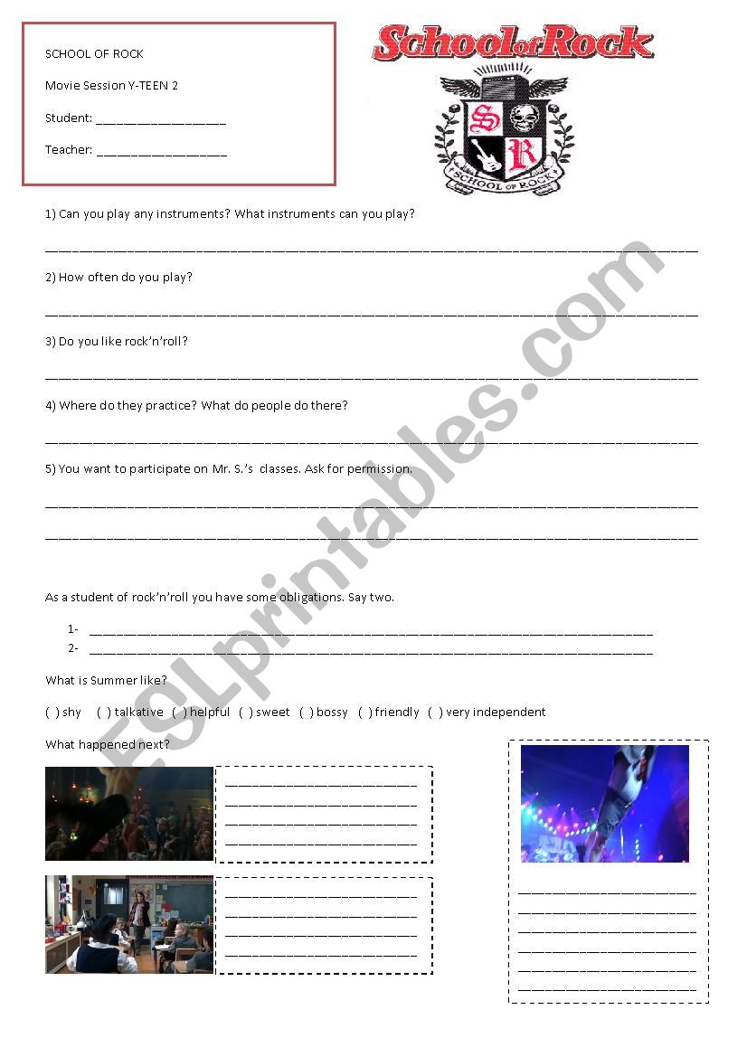 School of Rock worksheet